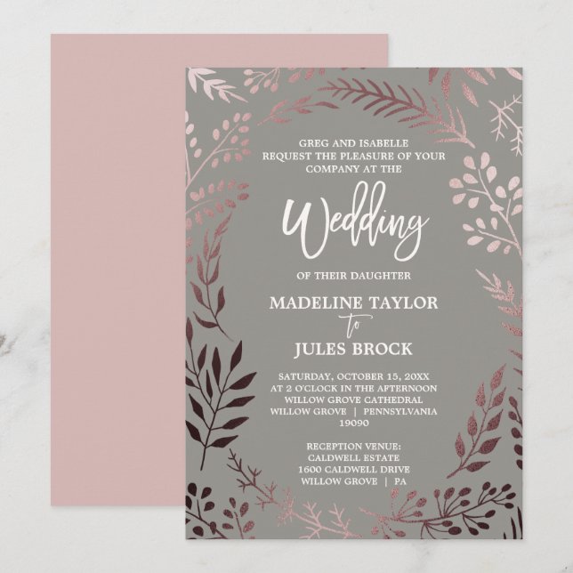 Invitation Elégant Rose Gold et Grey | Mariage officiel (Devant / Derrière)