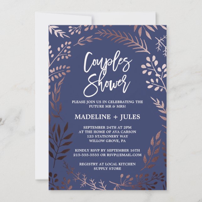 Invitation Elégant Rose Gold et la Marine Couples Douche (Devant)
