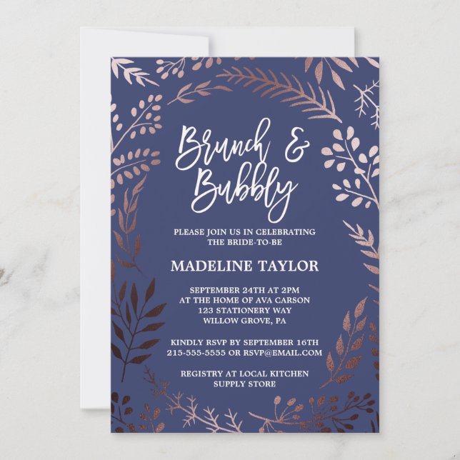 Invitation Elégant Rose Gold et Marine Brunch et Bubbly (Devant)