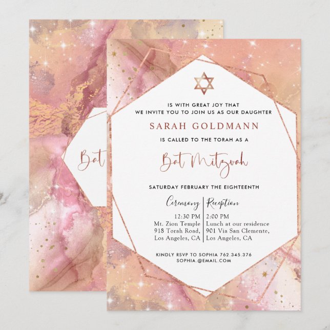 Invitation Élégant Rose Gold et rose Celestin Bat mitzvah (Devant / Derrière)