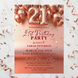 Invitation Elegant Rose Gold Faux Foil Balloons 21st Birthday