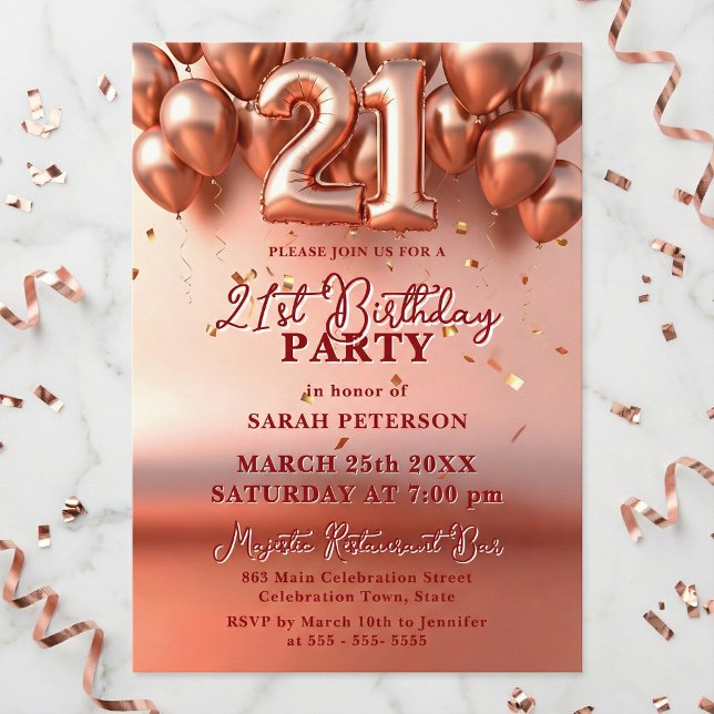 Invitation Elegant Rose Gold Faux Foil Balloons 21st Birthday (Créateur téléchargé)