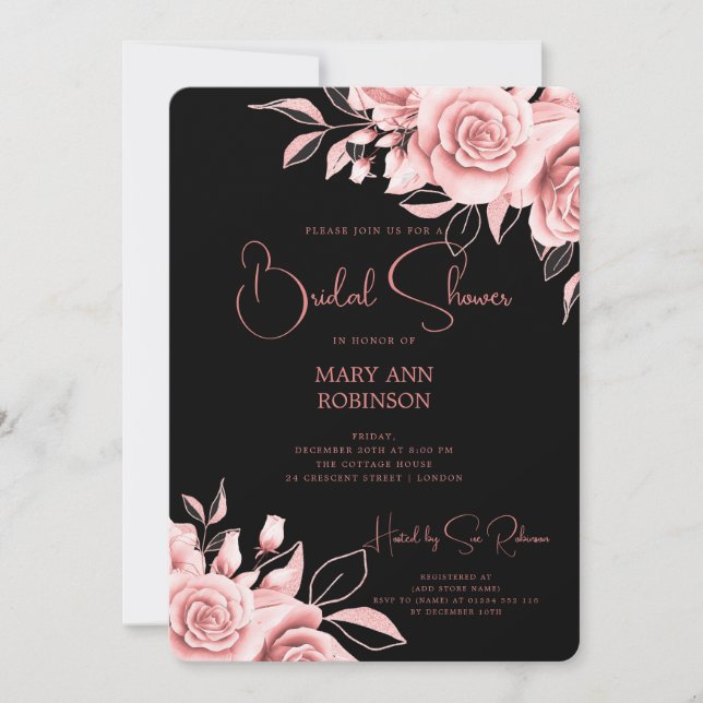 Invitation Elégant Rose Gold Fête des mariées Florale Noir (Devant)