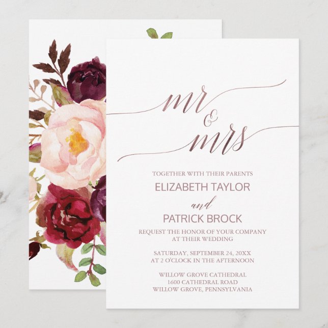Invitation Élégant Rose Gold Floral Mr & Mrs Mariage (Devant / Derrière)