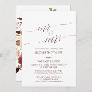 Invitation Élégant Rose Gold Floral Mr & Mrs Mariage