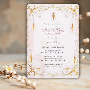 Invitation Élégant Rose & Gold Girl Première Sainte Communion