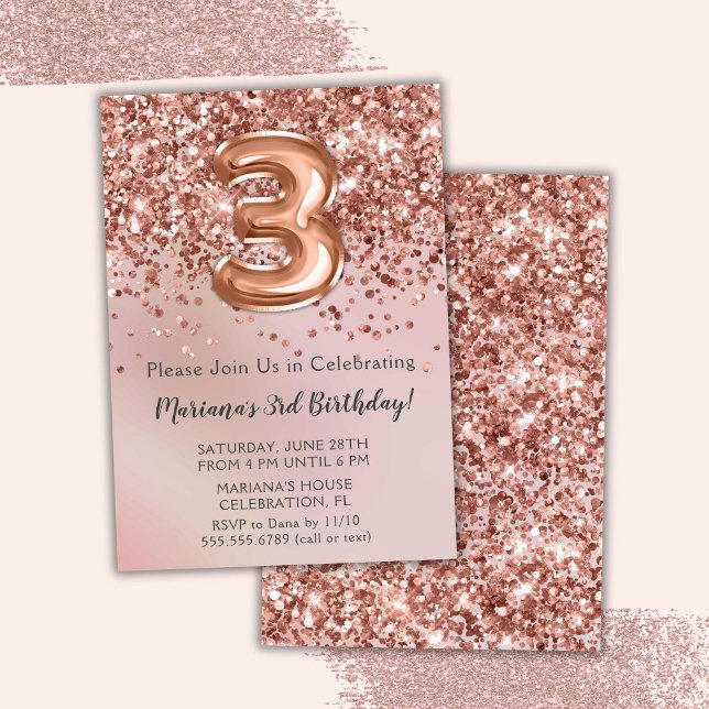 Invitation Elégant Rose Gold Kids Girl 3ème anniversaire fête (Créateur téléchargé)