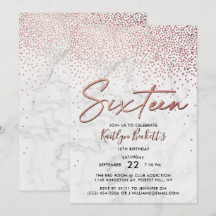 Invitation Elégant Rose Gold & Marble 16e anniversaire