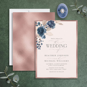 Invitation Elégant Rose Gold Navy bleu bleu bleu rose floral
