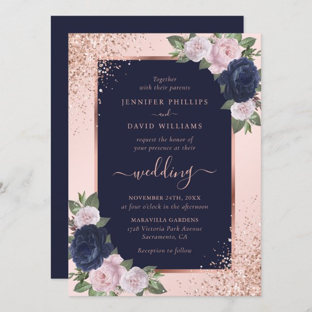 Invitation Elégant Rose Gold Navy Blue Blush Floral Mariage (Devant / Derrière)