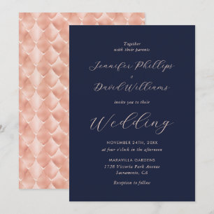 Invitation Elégant Rose Gold Navy Blue Modern Script Mariage
