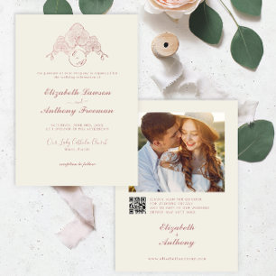 Invitation Elégant Rose Gold Orchid Photo QR Code Mariage
