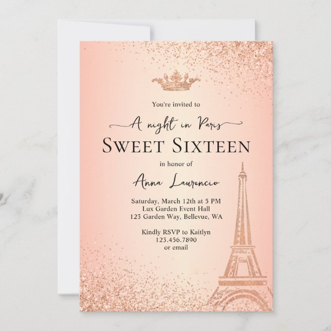 Invitation Elégant Rose Gold Paris Thème Sweet 16 Anniversair (Devant)