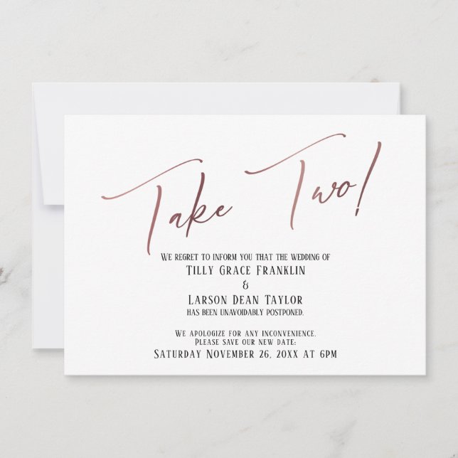 Invitation Elégant Rose Gold Prenez deux Mariage reporté (Devant)