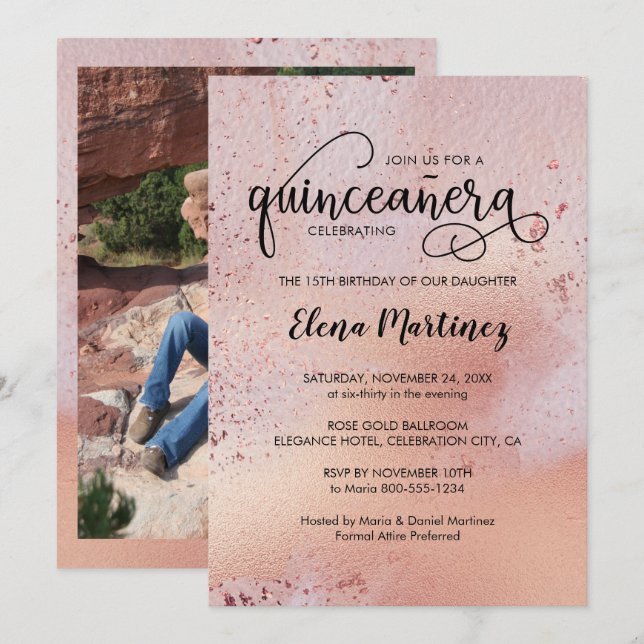 Invitation Elégant Rose Gold Quinceanera Photo (Devant / Derrière)