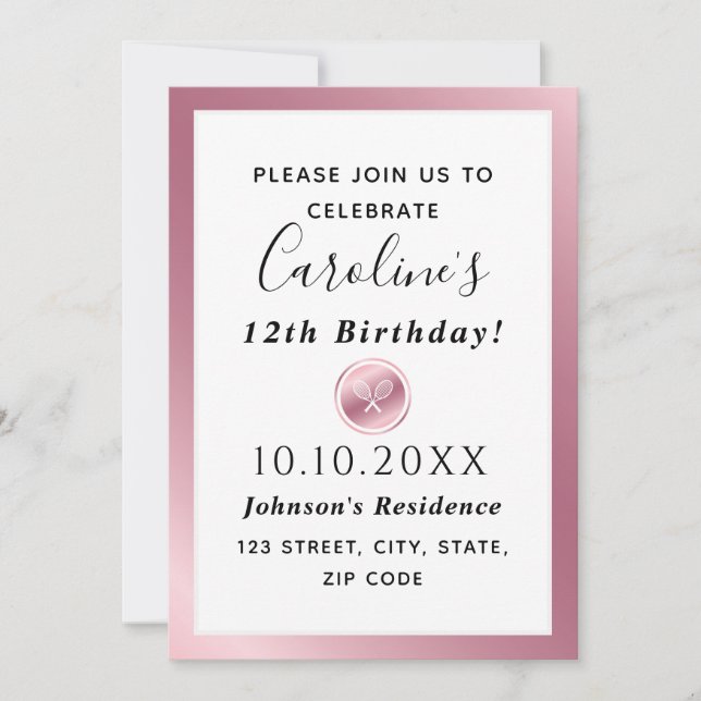 Invitation Élégant Rose Gold Rackets Girls Pink Party (Devant)