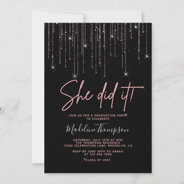 Invitation Élégant Rose Gold Sparkling Elle l'a fait Graduati (Devant)
