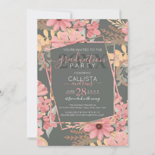 Invitation Élégant rose Golden Sage Flowers Feuille Graduatio