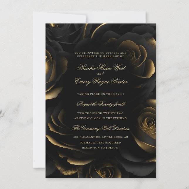 Invitation Élégant Rose gothique noir et or Mariage (Devant)