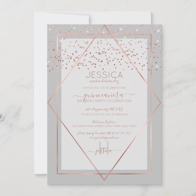 Invitation Elégant Rose gris or Confetti Frontière Quinceañer (Devant)