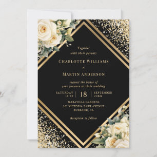 Invitation Élégant Rose ivoire Black Gold Floral Mariage