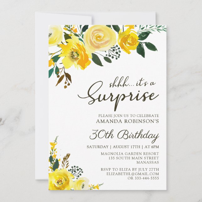 Invitation Elégant Rose jaune Floral Surprise 30e anniversair (Devant)