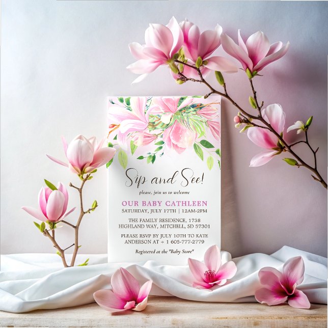 Invitation Elégant rose Magnolia Aquarelle Sip et voir (Elegant Pink Magnolia Watercolor Sip and See Invitation)