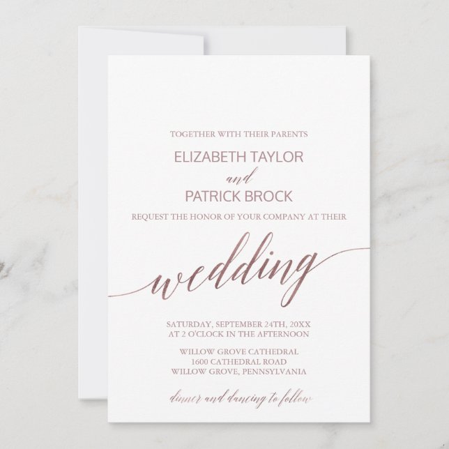 Invitation Élégant Rose Mariage de calligraphie or (Devant)