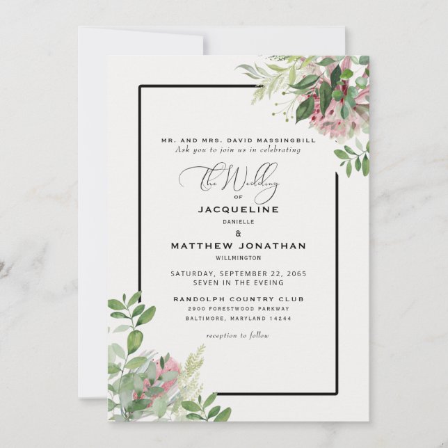 Invitation Élégant rose Mariage de verdure (Devant)