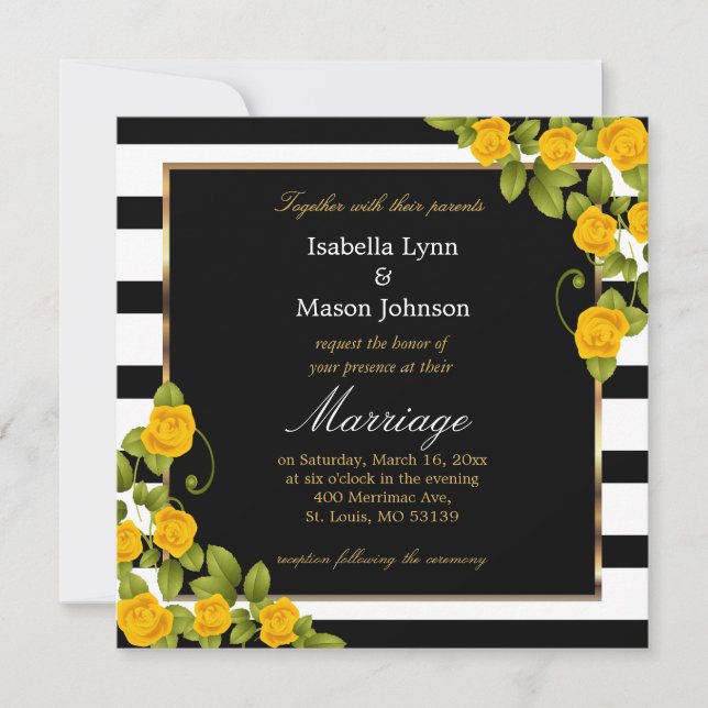 Invitation Elégant Rose Mariage Jaune Noir & Blanc rayures (Devant)