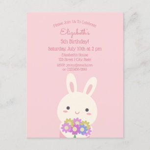 Invitation Elégant rose mignon lapin & Fleurs Fille Anniversa