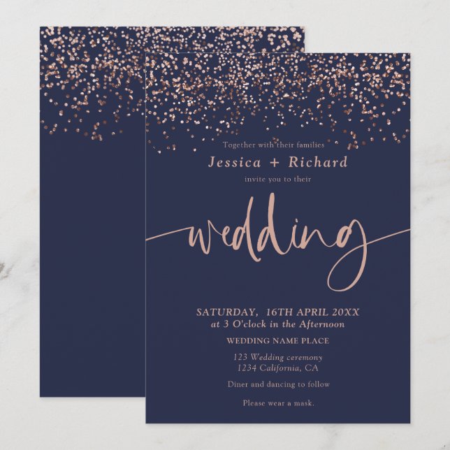 Invitation Élégant rose moderne or marine bleu mariage script (Devant / Derrière)
