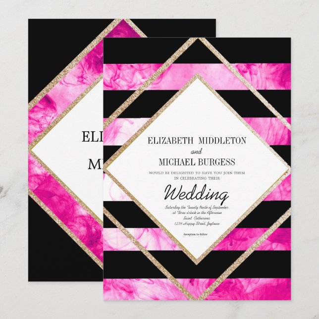 Invitation Élégant rose noir blanc et Mariage or cuivre (Devant / Derrière)