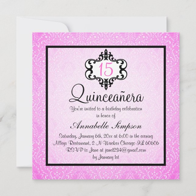 Invitation Élégant rose/noir Chic Damask Quinceanera Invitati (Devant)