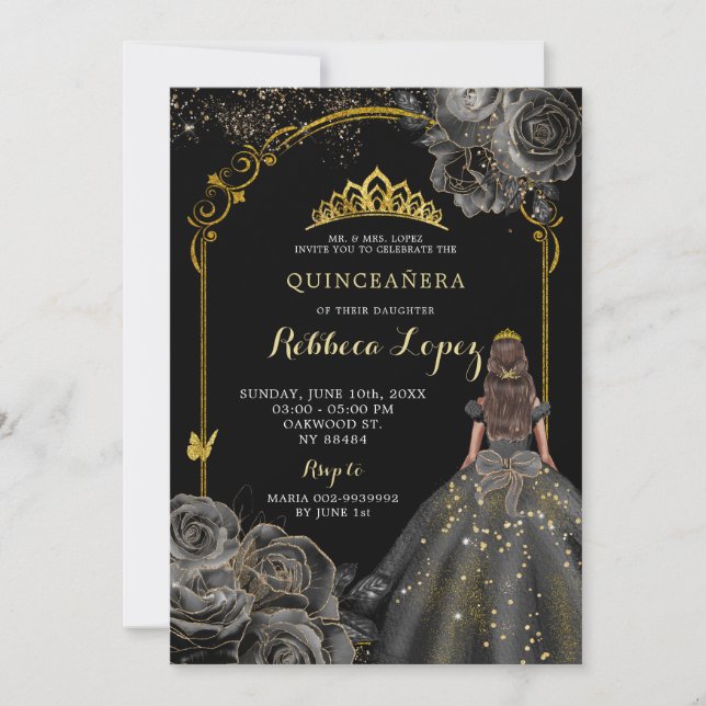 Invitation Elégant Rose noir et princesse d'or Quinceañera (Devant)