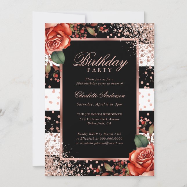 Invitation Elégant Rose noir or Confetti Floral Anniversaire (Devant)