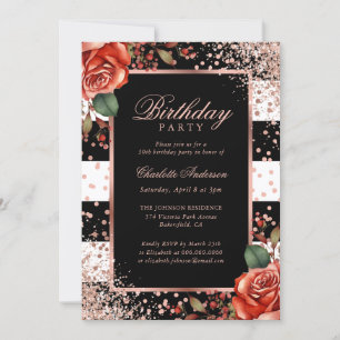 Invitation Elégant Rose noir or Confetti Floral Anniversaire