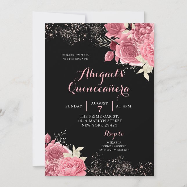 Invitation Elégant Rose noir or Floral Quinceañera (Devant)