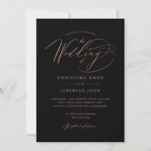 Invitation Élégant Rose noir or Mariage de script moderne