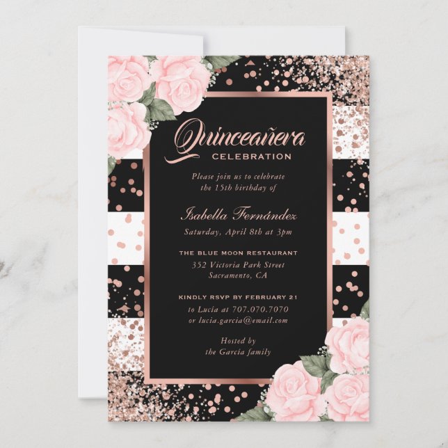 Invitation Elégant Rose noir or rose Floral Quinceañera (Devant)