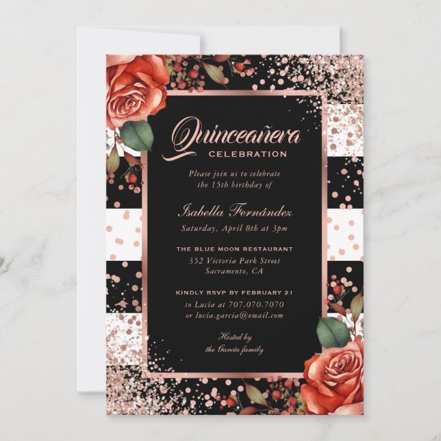 Invitation Elégant Rose noir or rouge Floral Quinceañera (Devant)