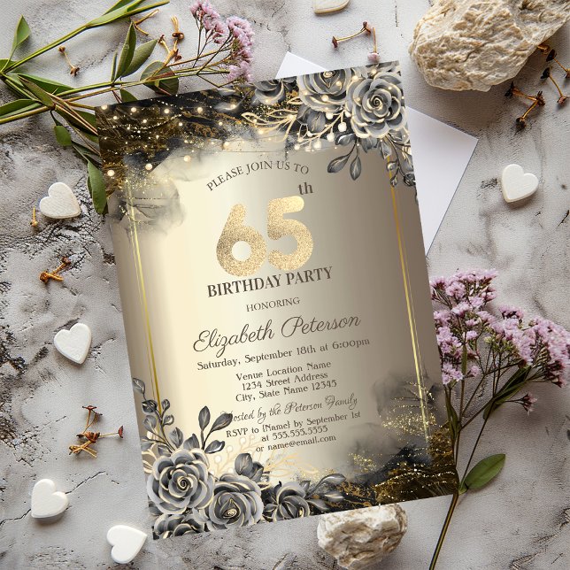 Invitation Elégant Rose noir, String Lights 65e anniversaire (Créateur téléchargé)