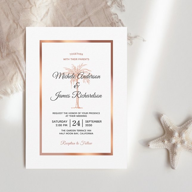 Invitation Elégant Rose or cuivre Palm Tree Marble Mariage (Créateur téléchargé)