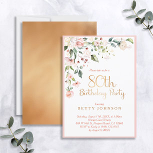 Invitation Elégant rose & or Floral Femme 80e anniversaire