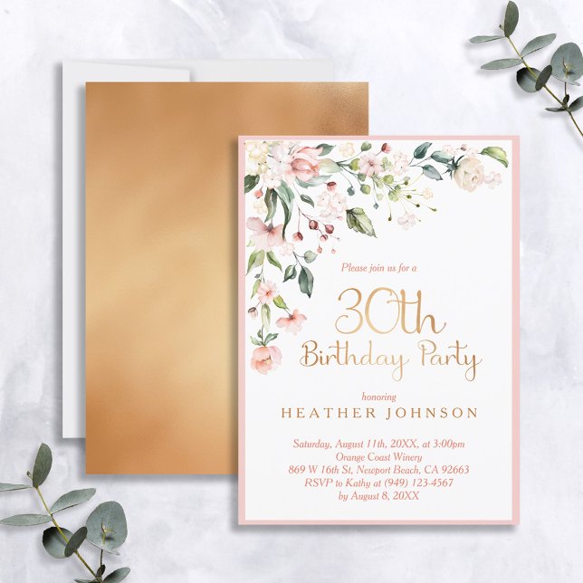 Invitation Elegant rose & or Floral femme's 30e anniversaire (Créateur téléchargé)