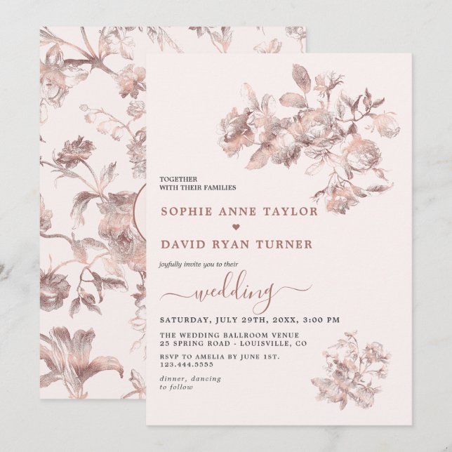 Invitation Élégant Rose or Français Floral Toile Mariage (Devant / Derrière)