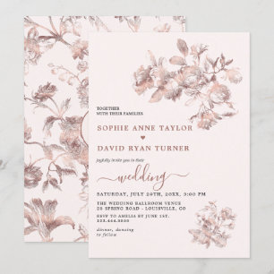 Invitation Élégant Rose or Français Floral Toile Mariage