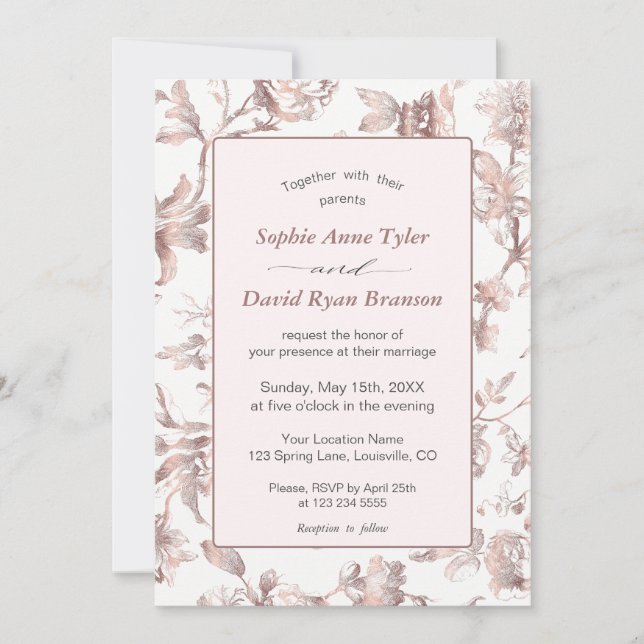 Invitation Élégant Rose or Français Toile Mariage floral (Devant)