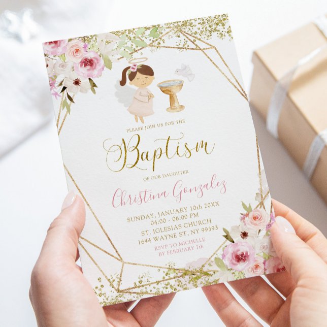 Invitation Élégant rose Or Géométrique Floral Girl Baptism (Créateur téléchargé)