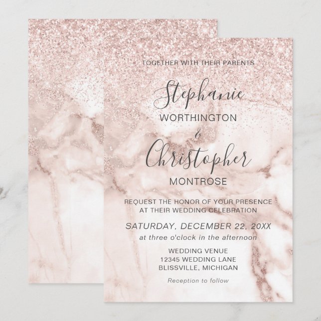 Invitation Élégant Rose  or Parties scintillant Mariage (Devant / Derrière)
